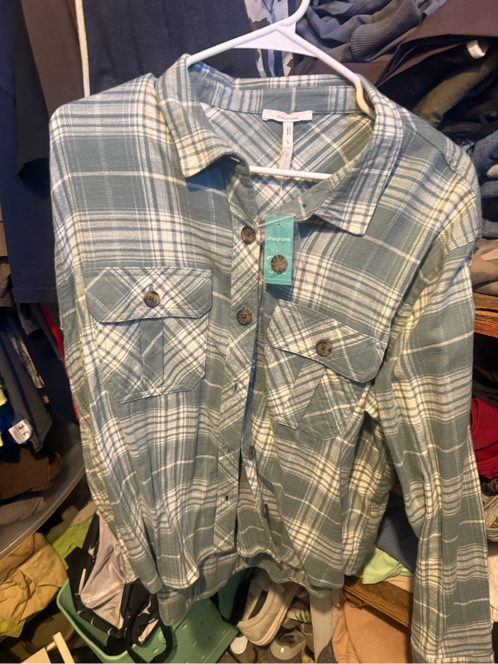 Maurices Sage Green Plaid Button-Front Shirt